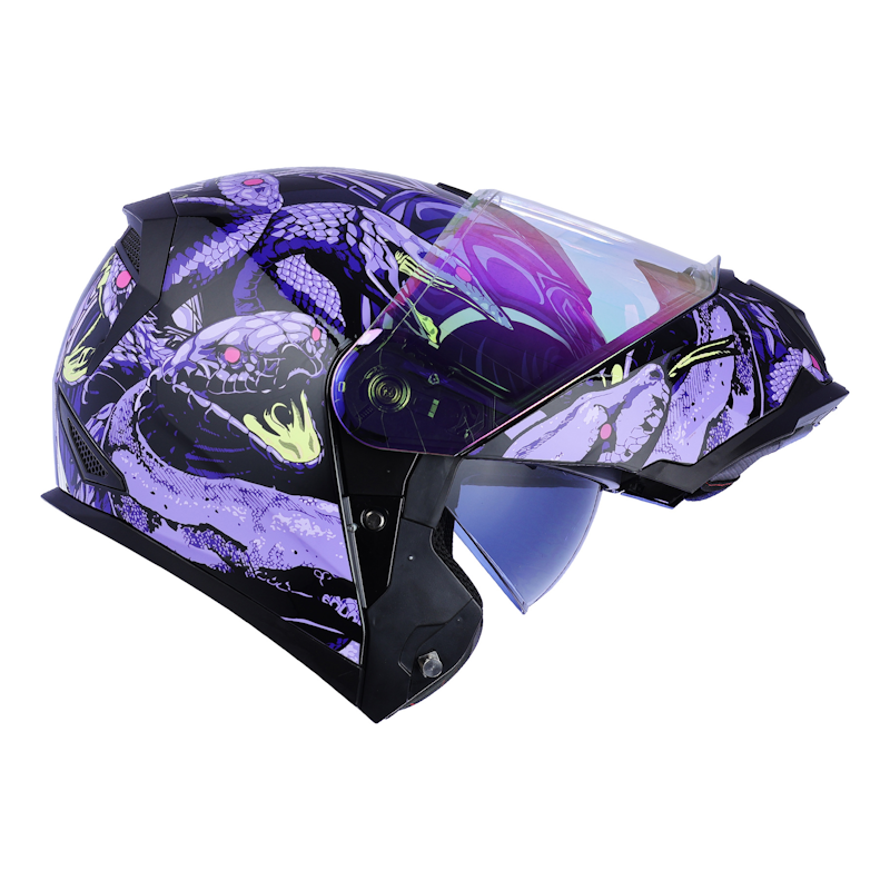 CASCO RODA REVENGE PRO SERPENT KINGS MORADO TALLA CHICA ABATIBLE MICA MORADA TORNASOL CERT. DOT