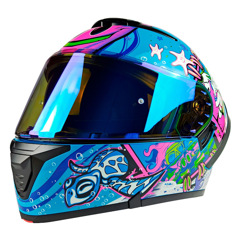 CASCO ABATIBLE A-HELMET CANCUN TALLA XL VISOR REVO CERT. DOT AZUL/ROSA/MORADO